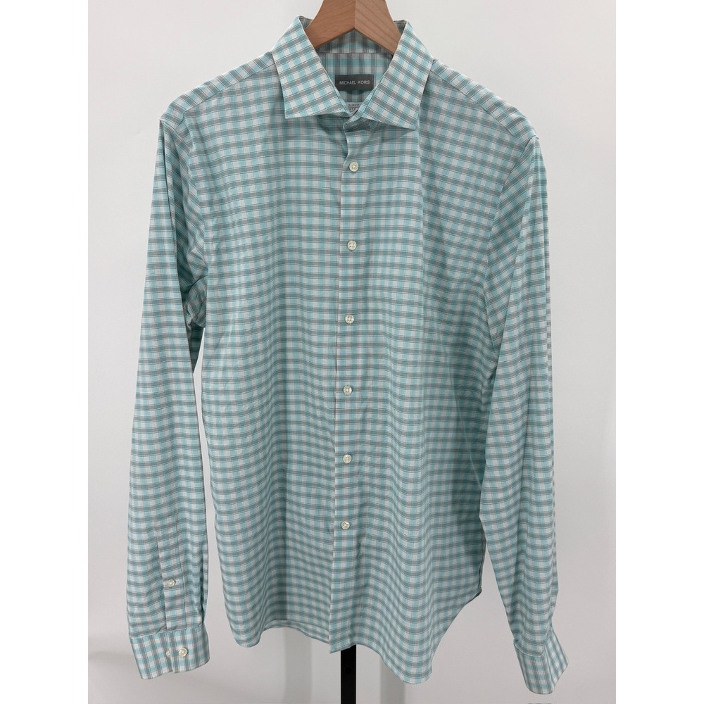 Michael Kors Tall Fit Travel Stretch Dress Shirt Geometric Print Blue Long